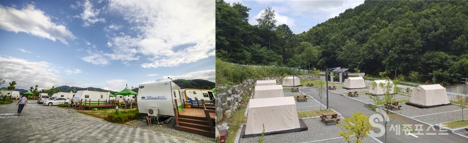 세종합강캠핑장(왼쪽), 최근 이지캠핑으로 변신한 전월산 캠핑장(오른쪽)
